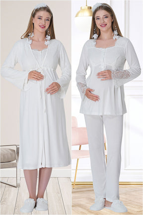 Shopymommy 5718 Lace Embroidered 4 Pieces Maternity & Nursing Set Ecru