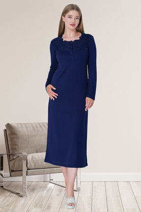 Shopymommy 5719 Lace Maternity & Nursing Nightgown With Velvet Robe Navy Blue
