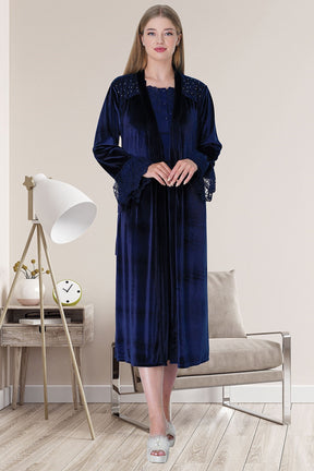 Shopymommy 5719 Lace Maternity & Nursing Nightgown With Velvet Robe Navy Blue