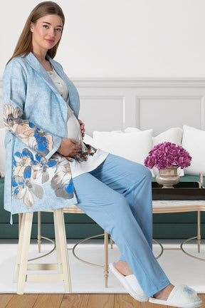 Shopymommy 5800 Flower Pattern 3-Pieces Maternity & Nursing Pajamas With Robe Blue