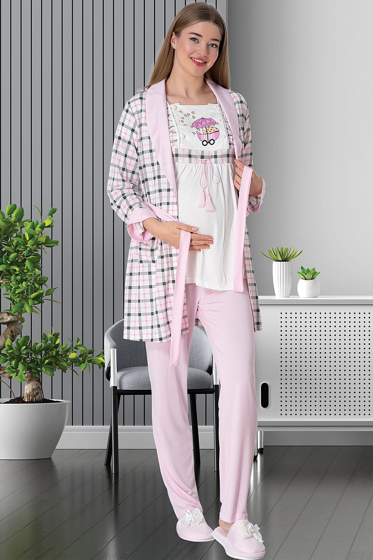 Shopymommy 5802 3-Pieces Maternity & Nursing Pajamas With Plaid Robe Pink