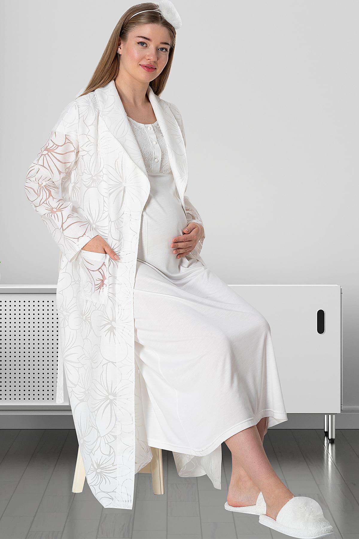 Shopymommy 5805 Guipure Collar Maternity & Nursing Nightgown With Robe Ecru