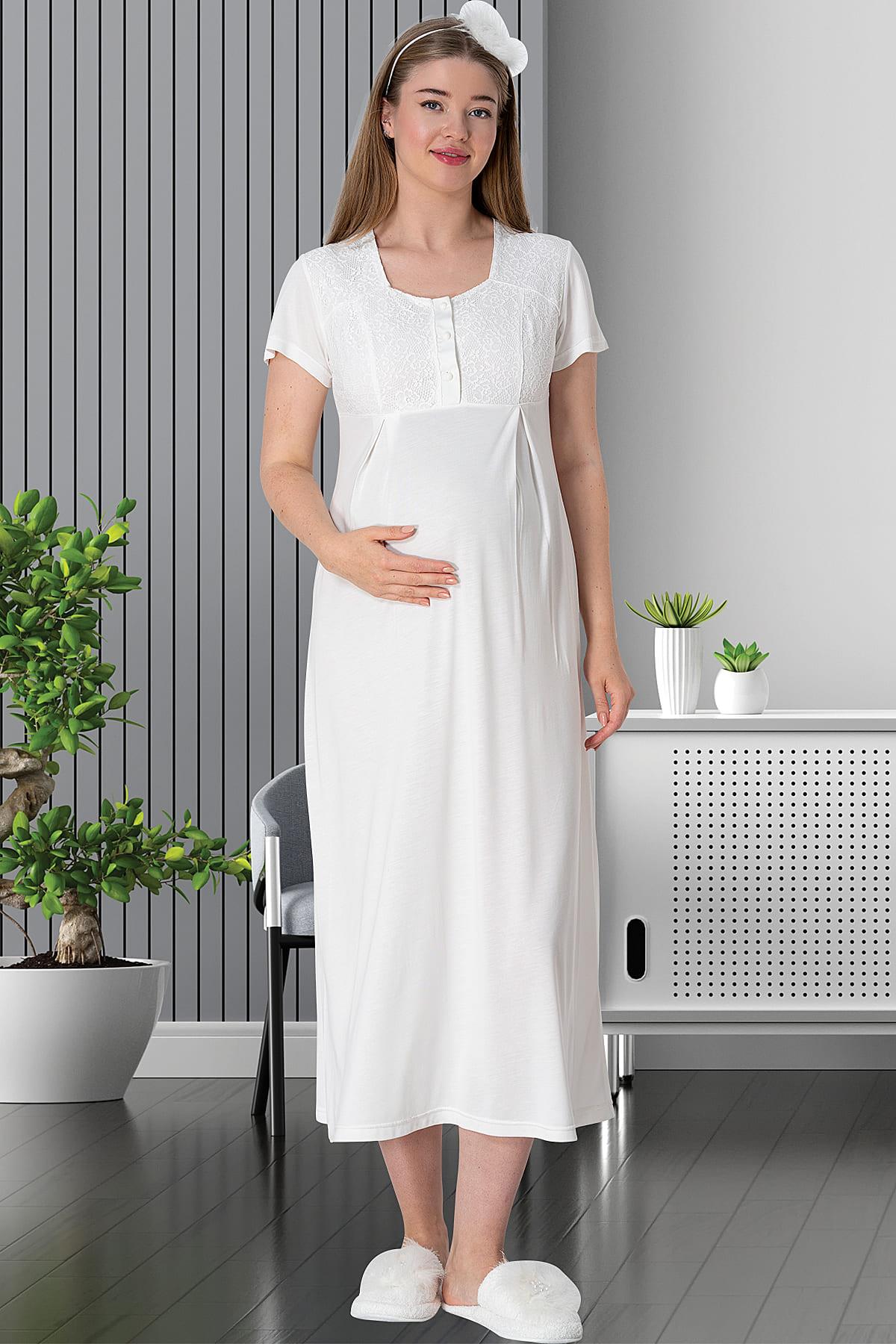 Shopymommy 5805 Guipure Collar Maternity & Nursing Nightgown With Robe Ecru