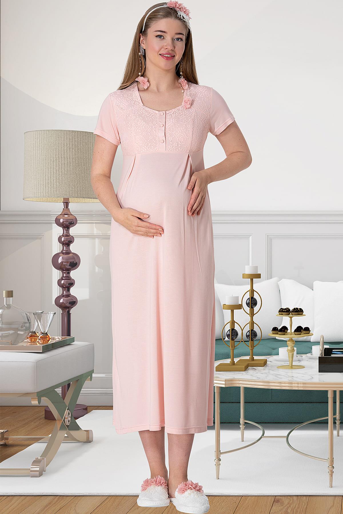 Shopymommy 5805 Guipure Collar Maternity & Nursing Nightgown With Robe Powder