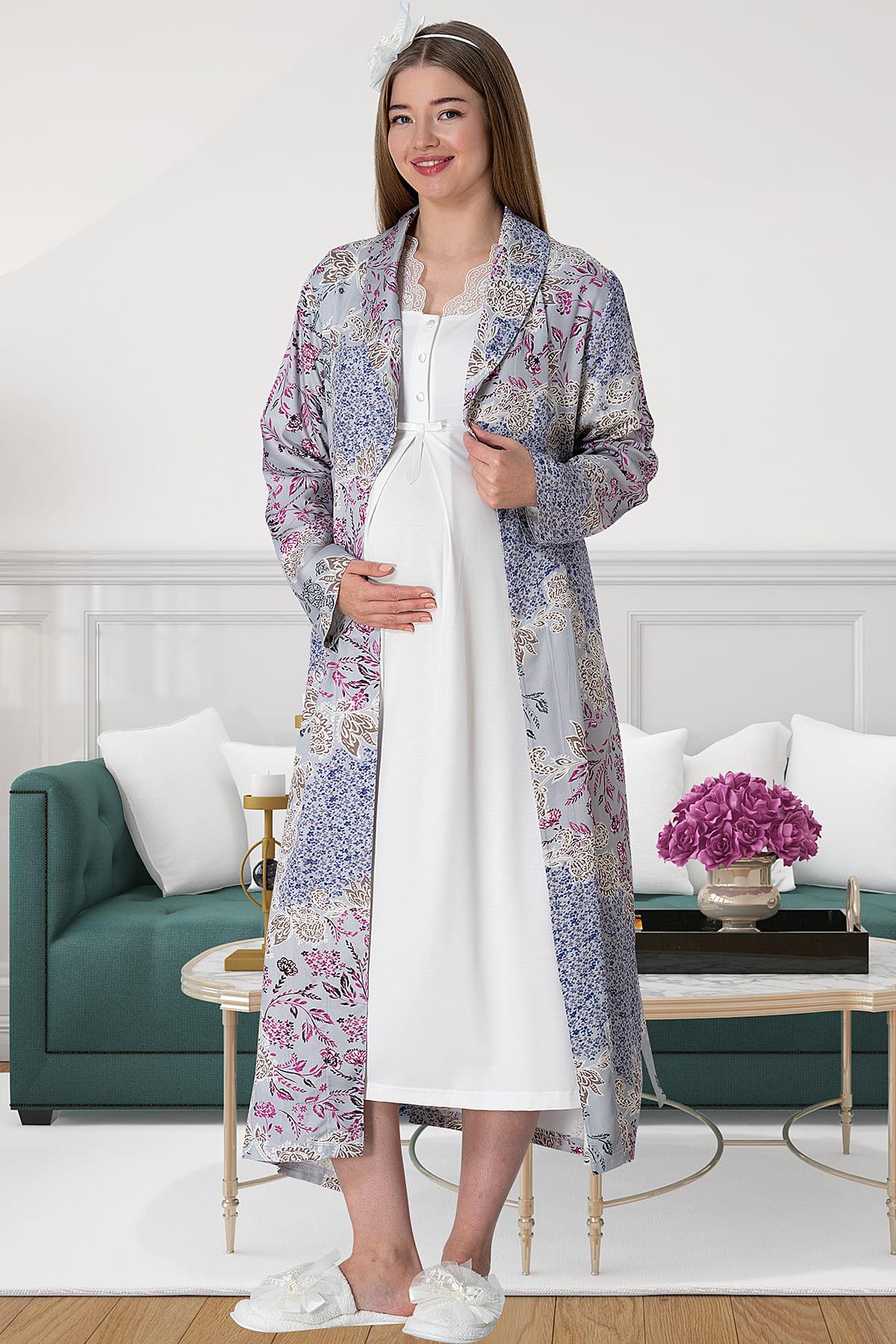 Shopymommy 5807 Lace Collar Maternity & Nursing Nightgown With Patterned Robe Grey