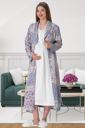 Shopymommy 5807 Lace Collar Maternity & Nursing Nightgown With Patterned Robe Grey