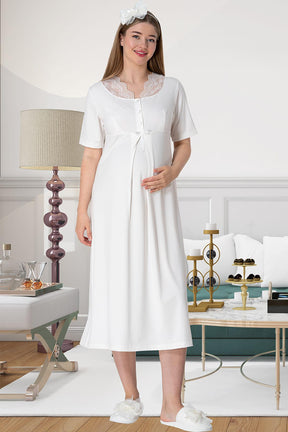 Shopymommy 5807 Lace Collar Maternity & Nursing Nightgown With Patterned Robe Powder
