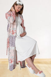 Shopymommy 5807 Lace Collar Maternity & Nursing Nightgown With Patterned Robe Powder