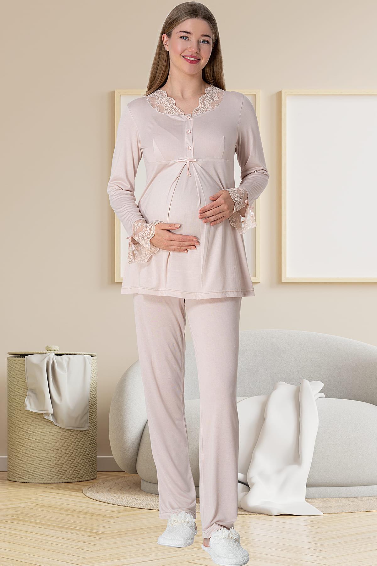 Shopymommy 5808 Lace Collar Maternity & Nursing Pajamas Powder