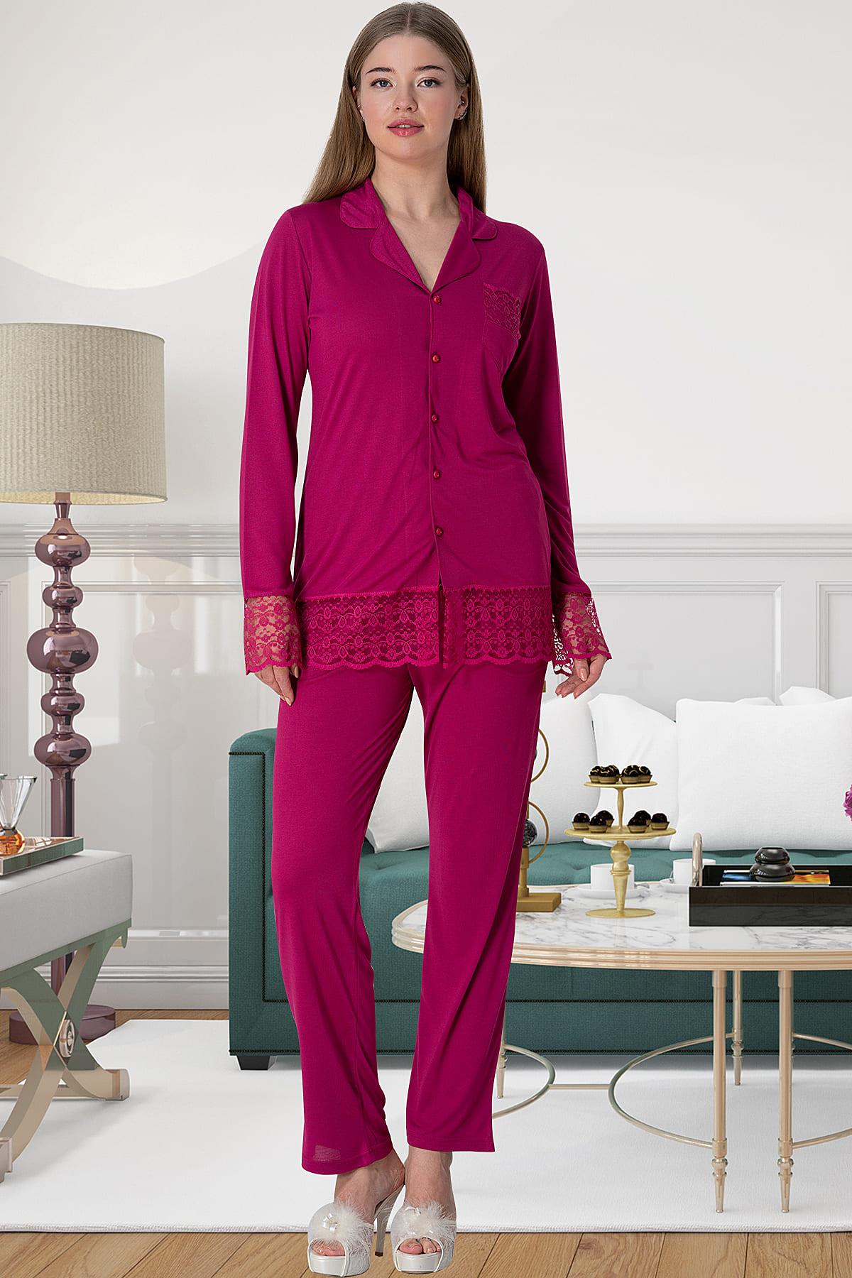 Shopymommy 5813 Sleeve And Skirt Lace Maternity & Nursing Pajamas Fuchsia