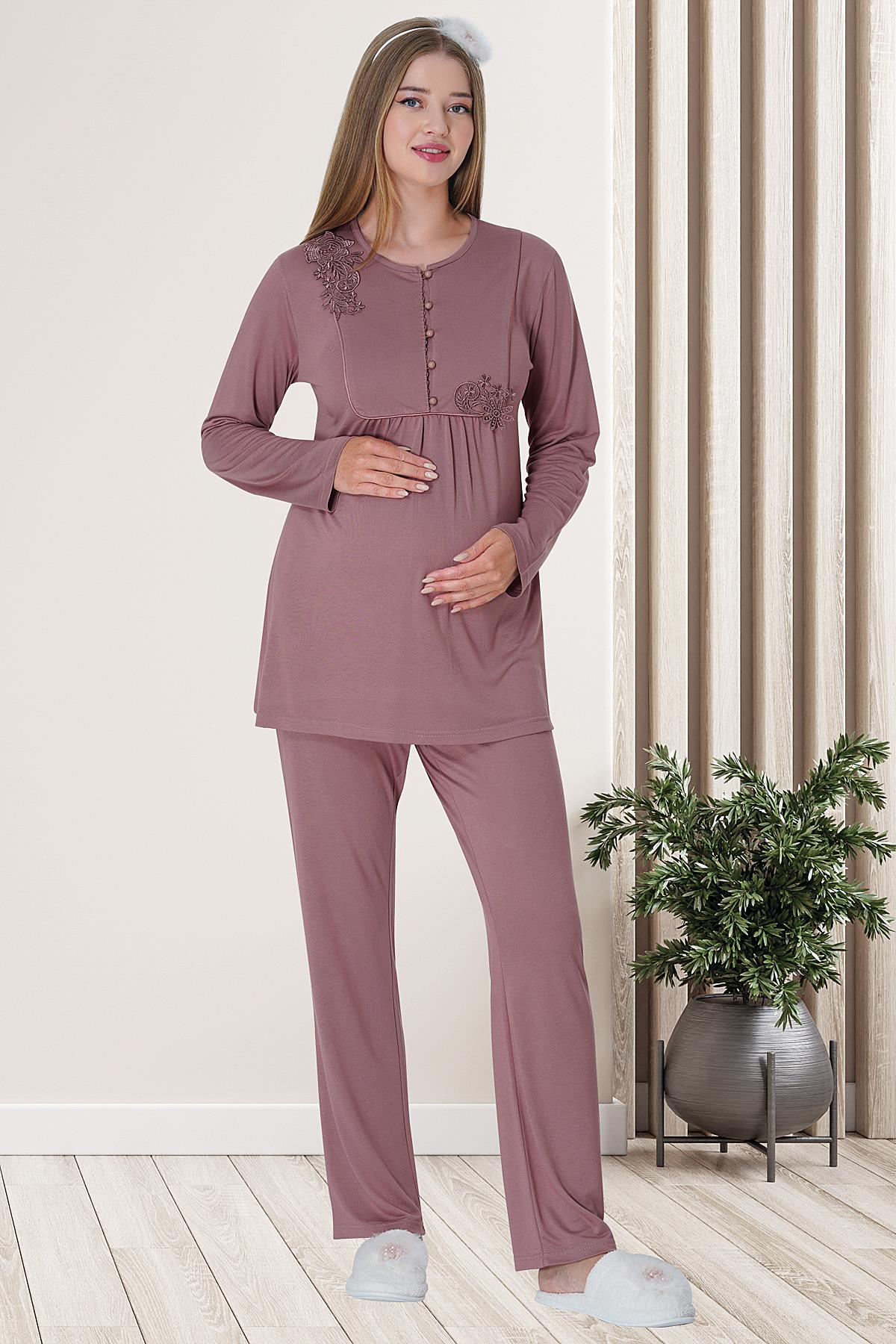Shopymommy 5828 Embossed Lace Maternity & Nursing Pajamas Dried Rose