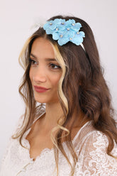 Lht 16081 Turquoise Floral Pattern Feathered Maternity Crown