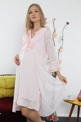 Shopymommy 2442 Maternity & Nursing Nightgown With Robe Powder