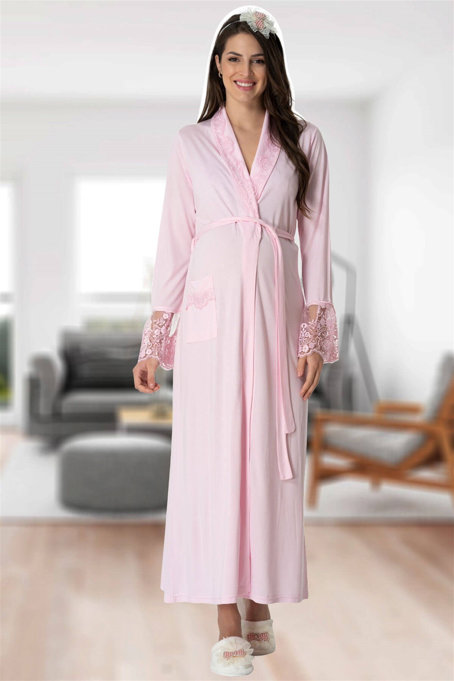 Shopymommy 5413 Elegant Lace Maternity Robe Pink