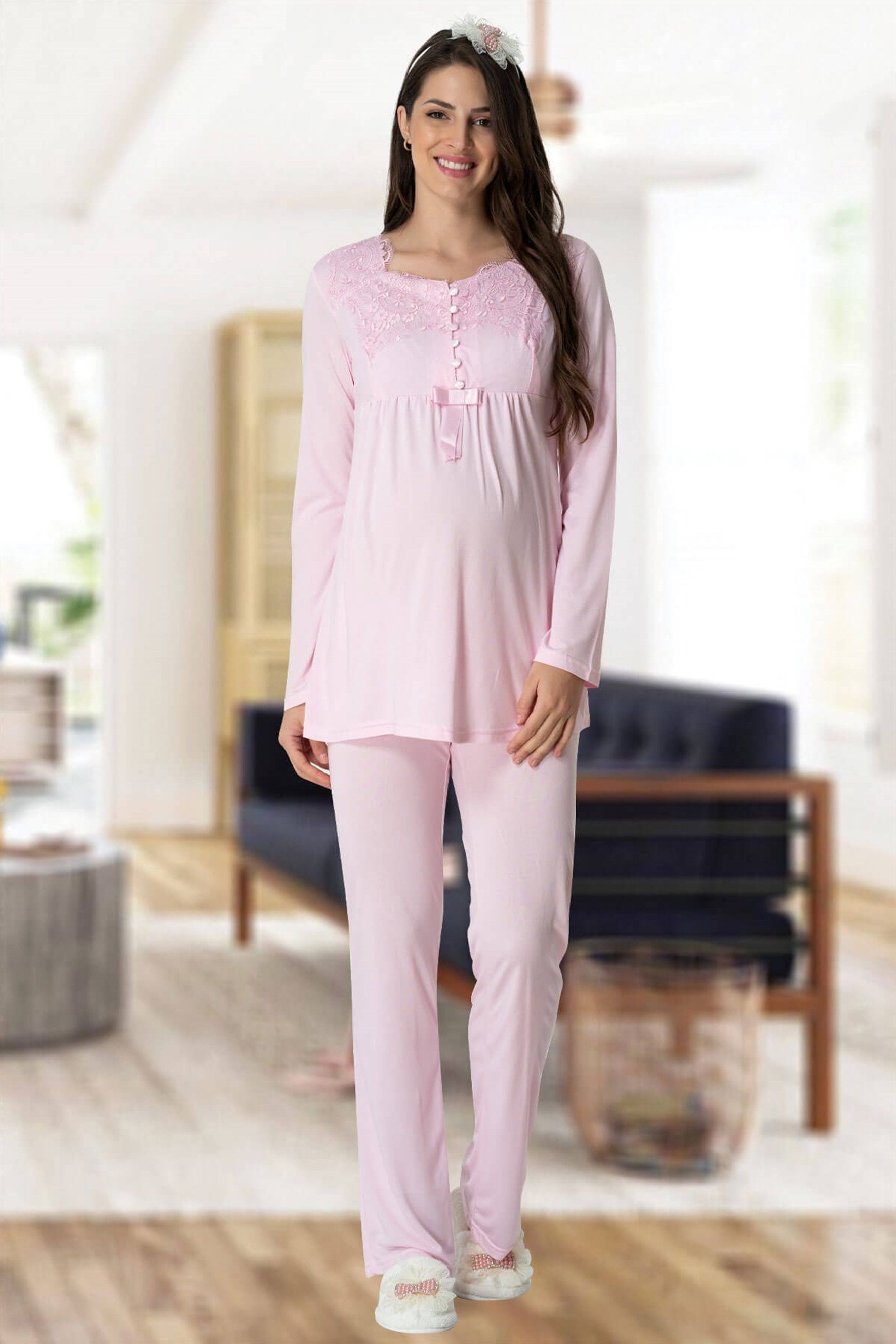 Shopymommy 5414 Elegant Lace Maternity & Nursing Pajamas Pink