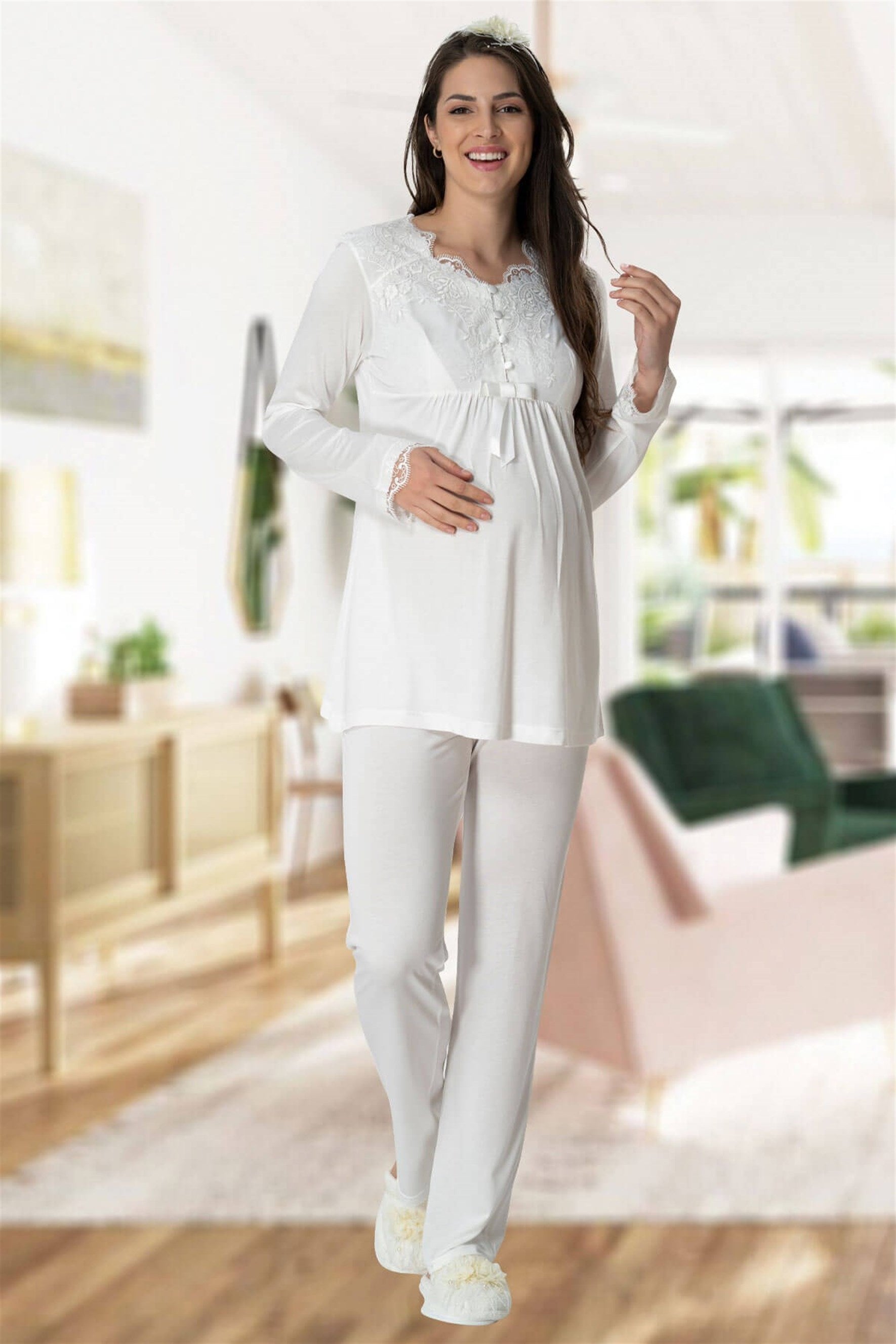 Shopymommy 5414 Elegant Lace Maternity & Nursing Pajamas Ecru