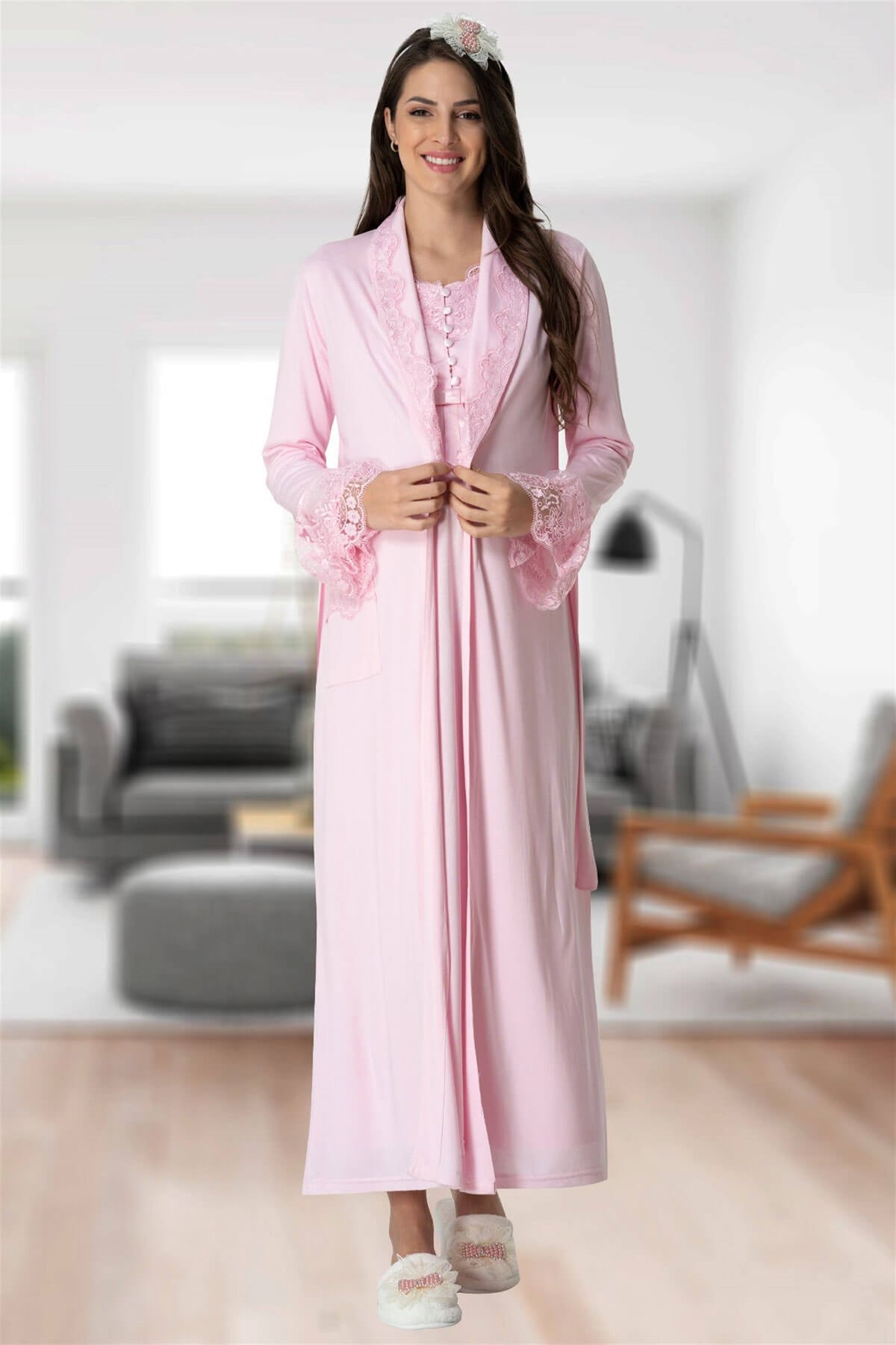 Shopymommy 5417 Elegant Lace Maternity & Nursing Nightgown With Robe Pink