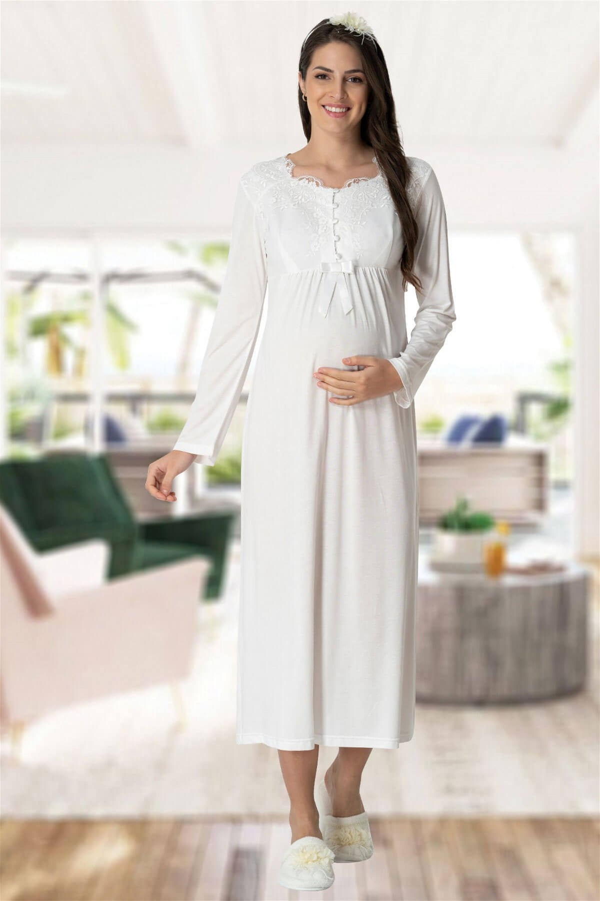 Shopymommy 5417 Elegant Lace Maternity & Nursing Nightgown With Robe Ecru