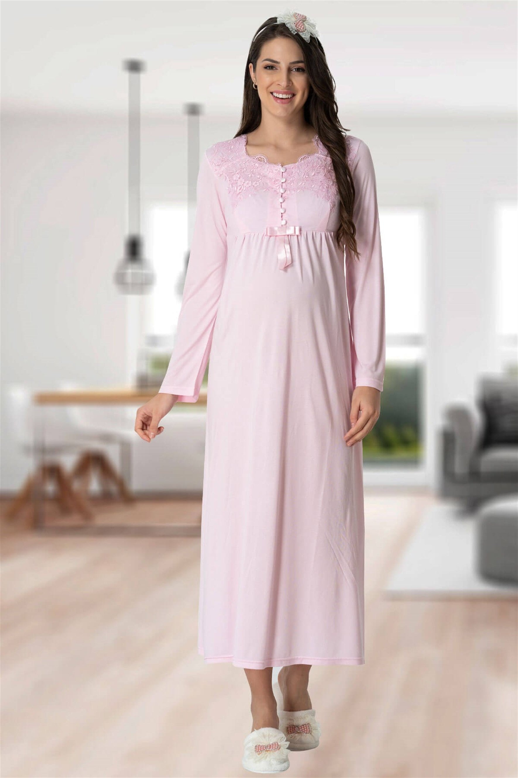 Shopymommy 5417 Elegant Lace Maternity & Nursing Nightgown With Robe Pink