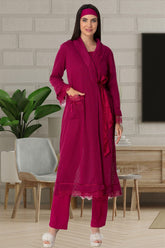 Shopymommy 5569 Guipure 3-Pieces Maternity & Nursing Pajamas With Knitwear Robe Fuchsia