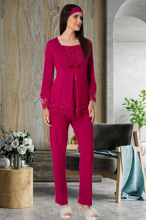 Shopymommy 5569 Guipure 3-Pieces Maternity & Nursing Pajamas With Knitwear Robe Fuchsia